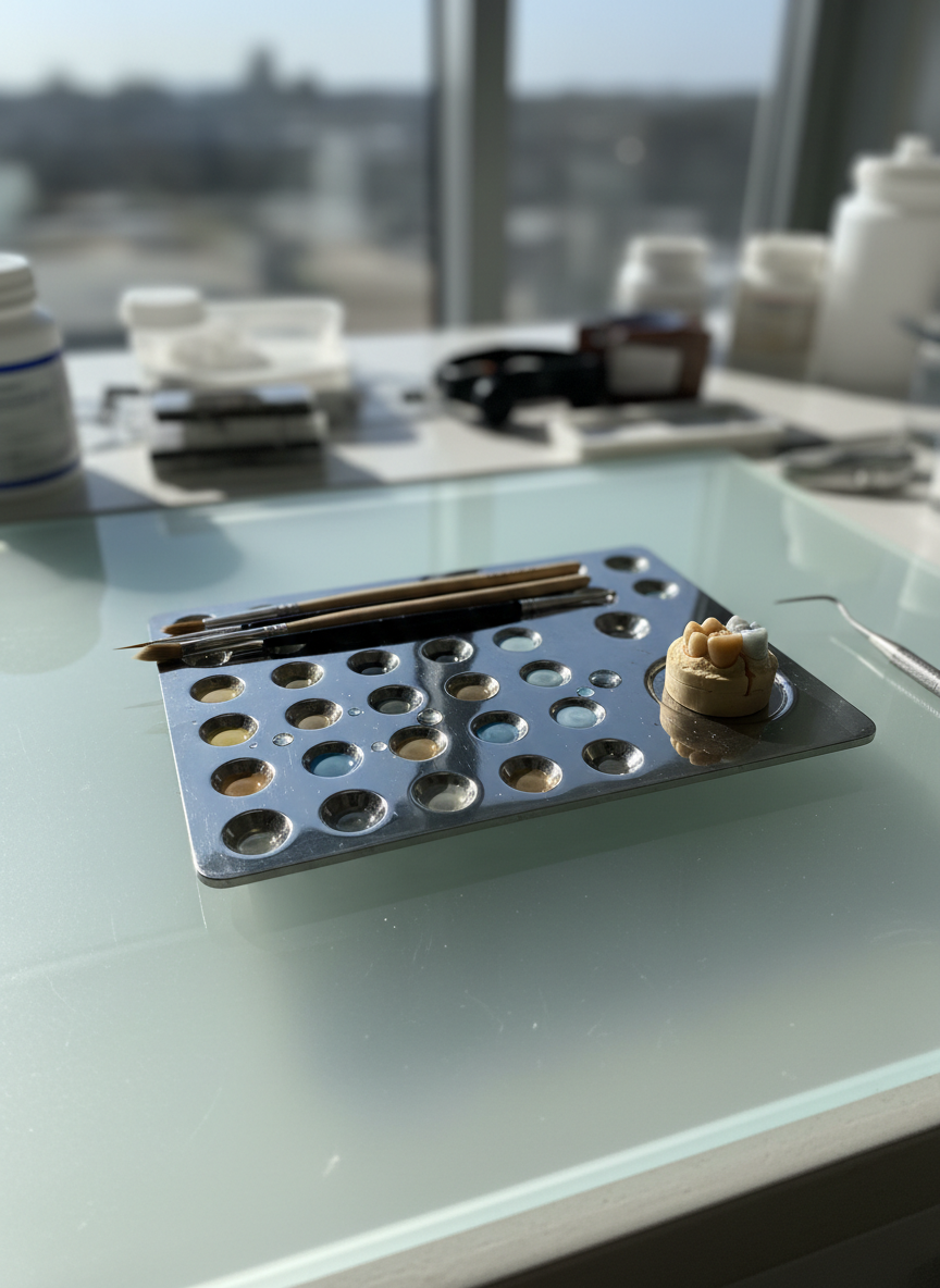 A sophisticated ceramic layering setup in a dental lab: a frosted glass work surface supporting a metal palette with neatly arranged drops of ceramic powders and mixing liquids in subtle tooth shades, ranging from warm A2 to cool BL1. Nearby, fine sable brushes with pointed tips rest beside a small, partially built anterior crown on a refractory die, its dentin core visible through a thin layer of enamel ceramic. Overhead, diffused daylight from an unseen window creates soft, natural lighting with gentle shadows, enhancing the creamy texture of the ceramics and the matte finish of the tools. Photographic realism from a slightly elevated angle with a shallow depth of field keeps the crown and palette in sharp focus while the background tools fade softly. The mood is calm, artisanal, and intensely focused on detail.