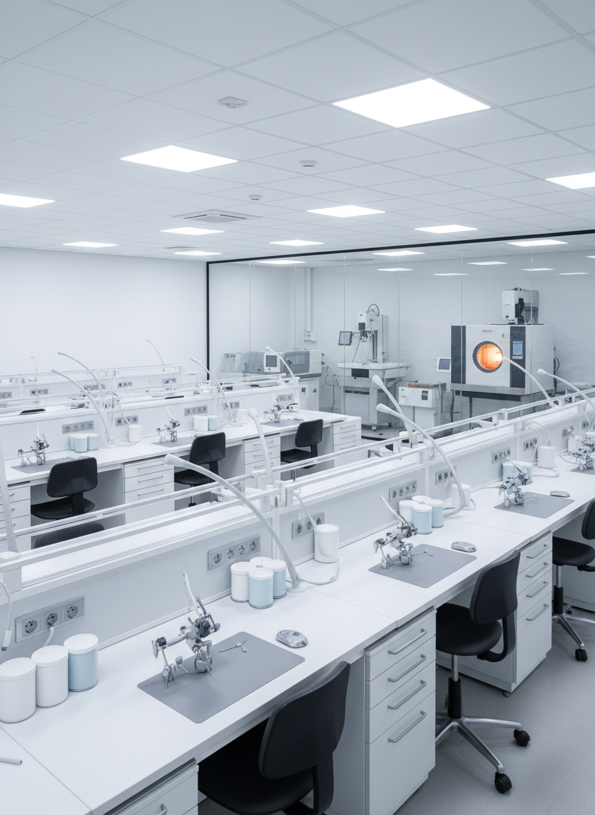 An atmospheric, wide photographic view of an ultra-clean dental prosthetics laboratory interior, devoid of people, featuring parallel rows of workstations in white and light gray, each equipped with task lights, articulators, and neatly stored ceramic jars. In the background, a separate glass-walled room houses CAD/CAM equipment and a sintering furnace emitting a faint, warm glow through its small window. The primary lighting is cool, diffused ceiling illumination, balanced by the warmer accent glow from the furnace, creating subtle contrast without harsh shadows. Captured from a slightly elevated corner angle with sharp focus throughout, the composition emphasizes order, space, and workflow organization. The mood is highly professional, controlled, and reassuring, showcasing an environment where artisanal craftsmanship and advanced technology coexist in harmony.