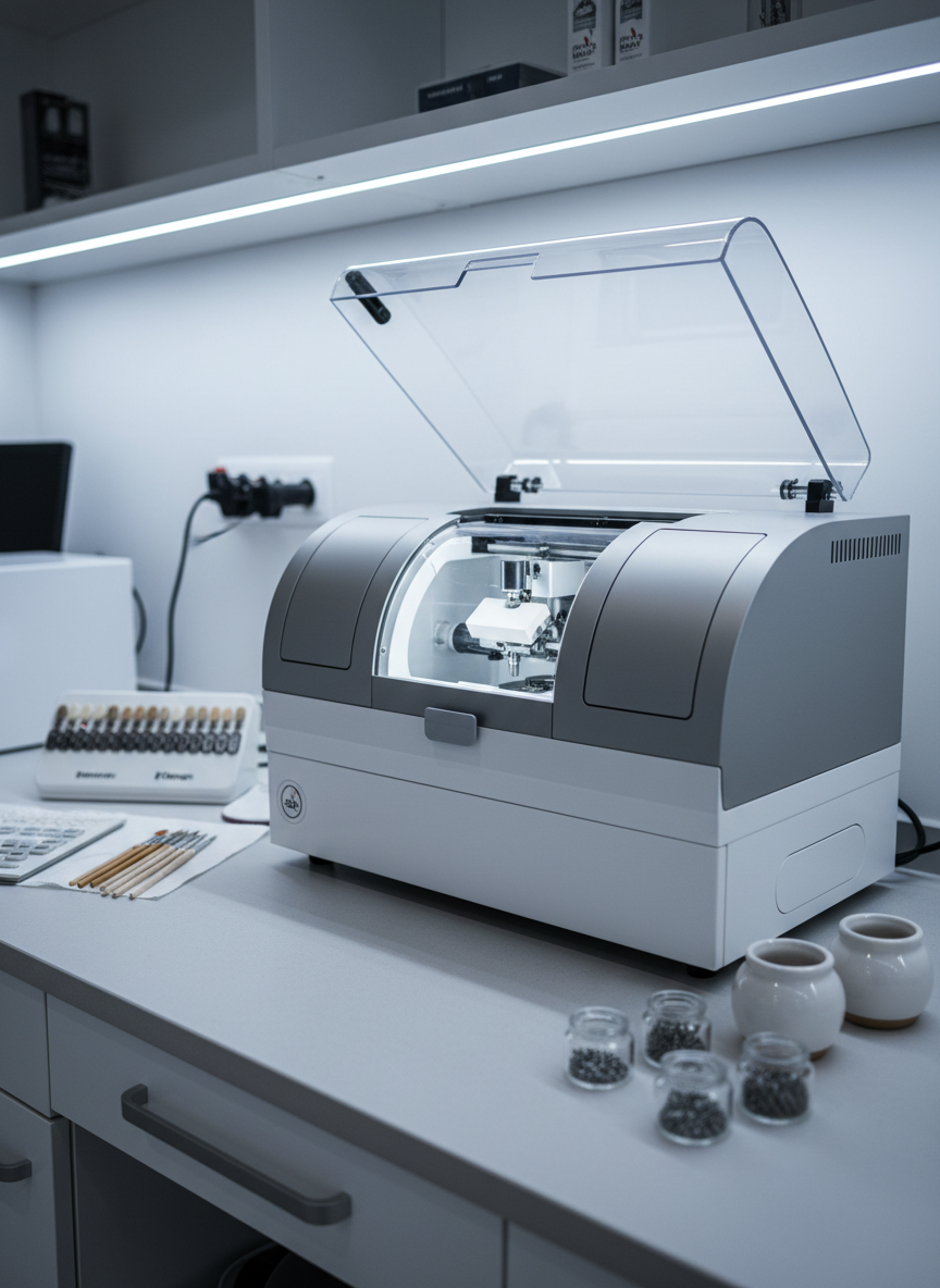 An elegant, modern dental laboratory workstation featuring a high-end CAD/CAM milling machine in pristine white and brushed aluminum, its transparent cover revealing a zirconia block being precisely milled. Surrounding the machine, an immaculate gray work surface holds neatly arranged ceramic shade tabs, fine brushes, diamond burs, and small ceramic jars. Cool, diffused overhead LED lighting creates a bright, clinical atmosphere with minimal shadows, highlighting every clean edge and technical detail. Shot in photographic realism from a three-quarter angle, the composition follows the rule of thirds, with the machine as the focal point and the background gently blurred. The mood is cutting-edge, organized, and trustworthy, showcasing the harmony between artisanal craftsmanship and advanced CFAO dental technology.